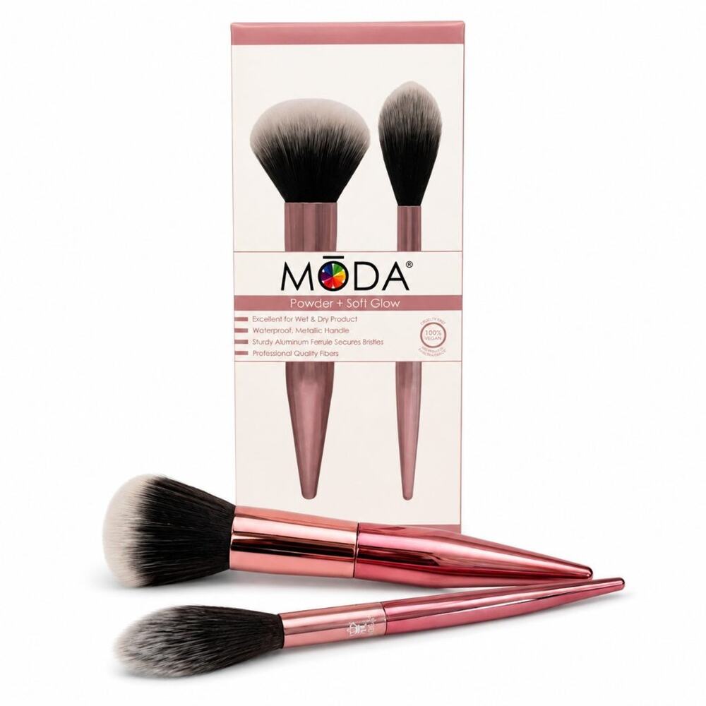 MODA Powder + Soft Glow Brush Set Rose Gold Vegan Makeup Brushes 2pc